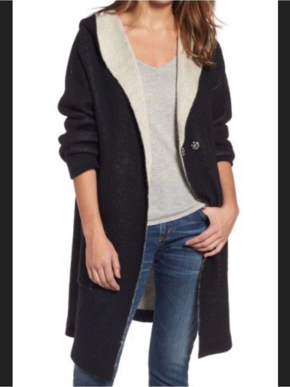 Blank NYC Black Hooded Open-Front Cardigan with Cream Lining